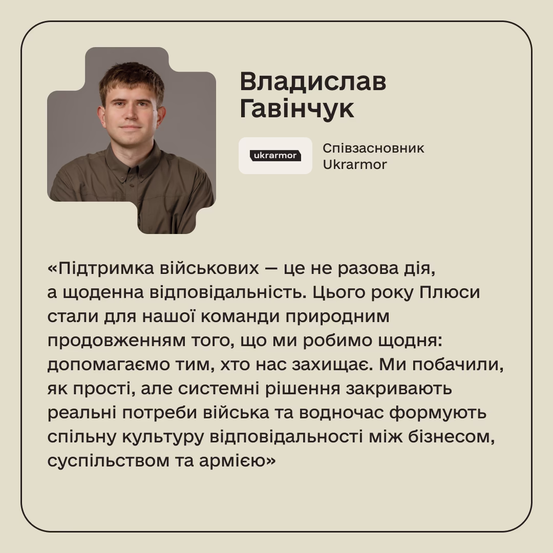 Владислав Гавінчук, Співзасновник Ukrarmor: «Підтримка військових — це не разова дія, а щоденна відповідальність. Цього року Плюси стали для нашої команди природним продовженням того, що ми робимо щодня: допомагаємо тим, хто нас захищає. Ми побачили, як прості, але системні рішення закривають реальні потреби війська та водночас формують спільну культуру відповідальності між бізнесом, суспільством та армією»